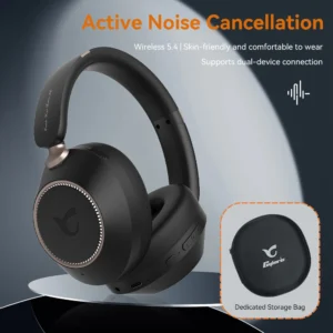 Cyboris C808 Retro Over-Ear Headphones, ANC Wireless 5.4, Foldable Leather Headset, Dual Device Connection