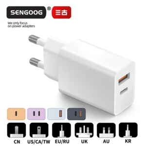 SENGOOG 2026 EU & Russia Plug 20W GaN Charger with USB-A/C Ports PD & OVP Protection Retractable Cable Foldable Design