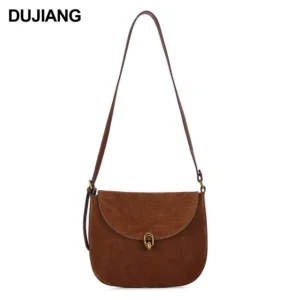 Genuine Leather Brown Suede Tote Bag with Gold Buckle