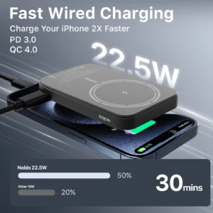 Nobis 22.5W 5000mAh Ultra Slim Magnetic Wireless Charging Phone Powerbank Mini Portable Charger Power Bank with Built-in Cable