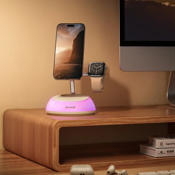 Lamicall T8L Qi2 Certified Wireless Charging Station 4in1 Magnetic Fast Wireless Charger Stand Night Light T7 Smart Phone Watch