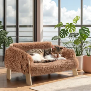 Large Cat Bed Sturdy Wooden Leg Raised Plush Cat Sofa Bed Ki