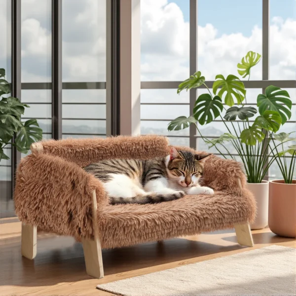 Large Cat Bed Sturdy Wooden Leg Raised Plush Cat Sofa Bed Kitten Bed for Indoor Cats – Soft Cat Couch