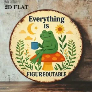 Vintage Frog Mushroom Round Sign 8x8in Cute Farmhouse Wall Decor