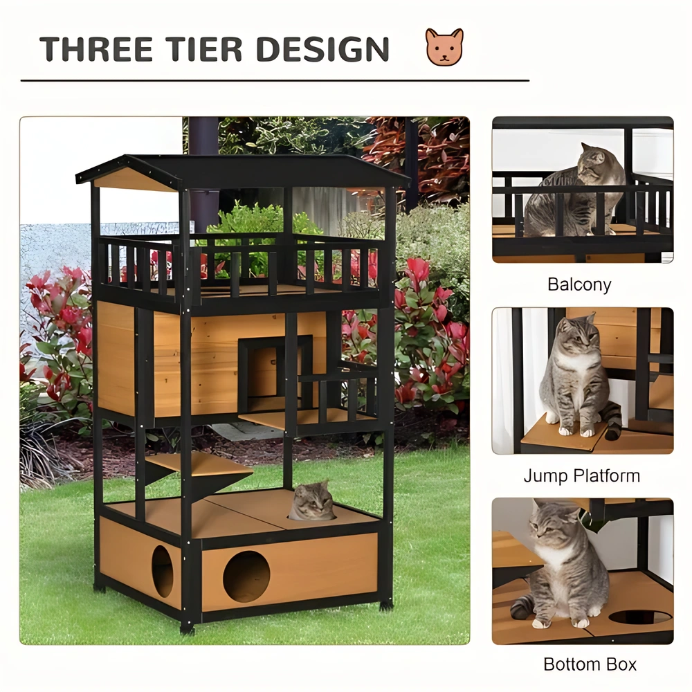 Wooden Outdoor Cat House, Wild Cat Shelter Kitten Tree