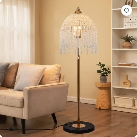 3-Light Elegant Crystal Floor Lamp Vintage Waterfall Design With Cascading Crystal Beads And Marble Texture Base For Living Room, Bedroom, Or Office Decor Bulb Not Included
