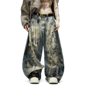 Embroidered Distressed Denim Wide-Leg Pants
