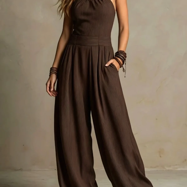 Crossed-necked openwork one-piece pants
