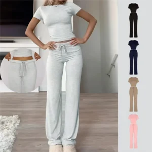 Women Solid Color Casual Long Pants and Short Sleeve Top Two