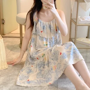 Printed Cotton Rayon Nightdress Loose Fit Loungewear for Summer Wearable Outdoors