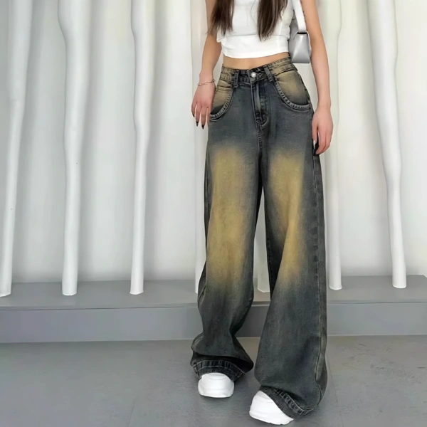 Womens High Waist Wide Leg Denim Pants