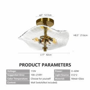 16.5inch Glass Semi Flush Mount Ceiling Light Fixture, 2-Lights Close To Ceiling Light, Modern Gold Ceiling Light Fixture For Bedroom Bathroom Hallway Entryway Kitchen Dining Room