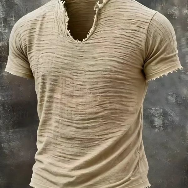 Solid Color Men’s Retro Cotton and Linen Fringed Special V-Neck T-Shirt