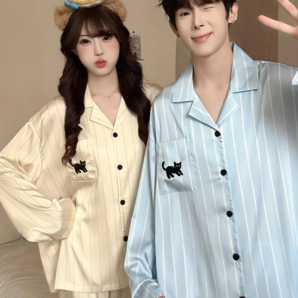Cat Print Couple Pajama Set Ice Silk Loungewear