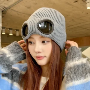 Ribbed Knitted Winter Hat with Glasses Design