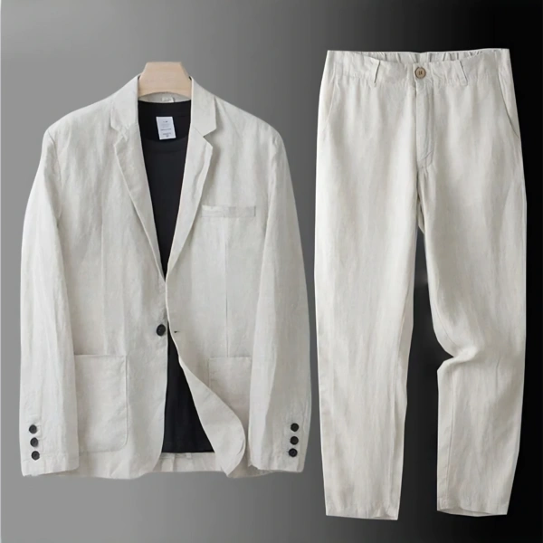 Men’s Summer Korean-Style Linen Suit Set – Slim-Fit, Lightweight Cotton-Linen Casual Blazer and Trousers, Sun-Protective Two-Piece Outfit