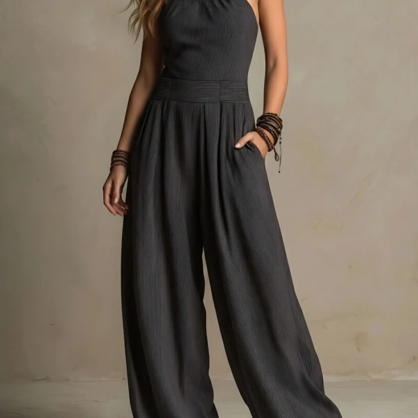 Crossed-necked Openwork One-piece Pants