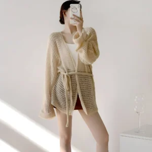 Women Lazy Style Hollow Out Knitted Cardigan Loose Tie Up Ou