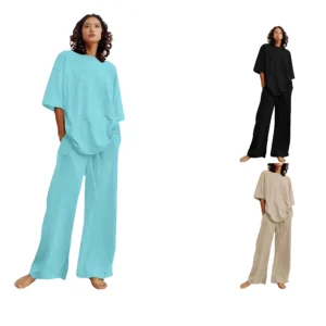 Casual Belt Pocket Set Half Sleeve O Neck Top and Wide Leg P