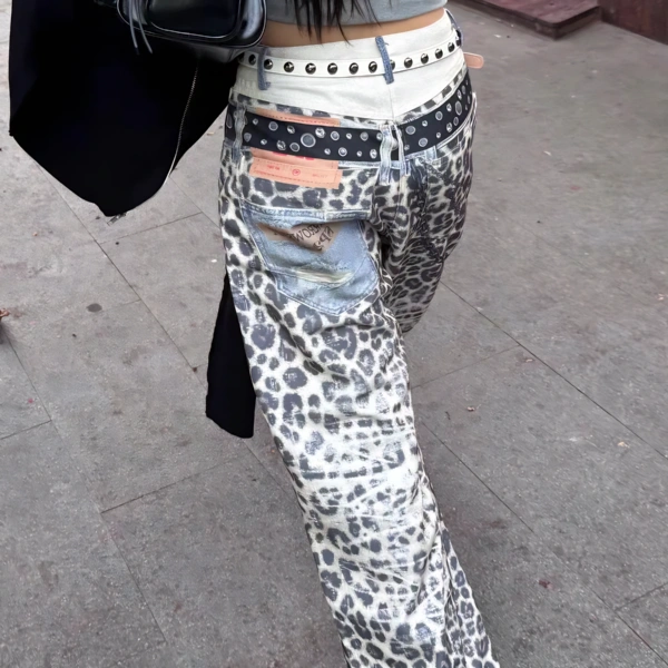 Printed Leopard-Print Denim Wide-Leg Pants