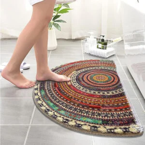 Bohemian Vintage Semi Circular Carpet, Half Round Door Mat,Semi Circle Bathroom Floor Rug,Mandala Boho Bohemian Non-Slip