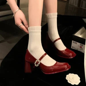 Women’s Patent Leather Mary Jane Shoes with Rhinestone Buckle