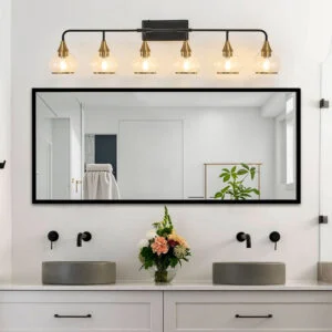 48″ Modern 6-Light Vanity Wall Sconce – Black and Gold Bathroom Light Fixture with Clear Glass Shades, Industrial Wall Mounted Lamp for Mirror, Vanity, and Living Spaces (Bulb Not Included)