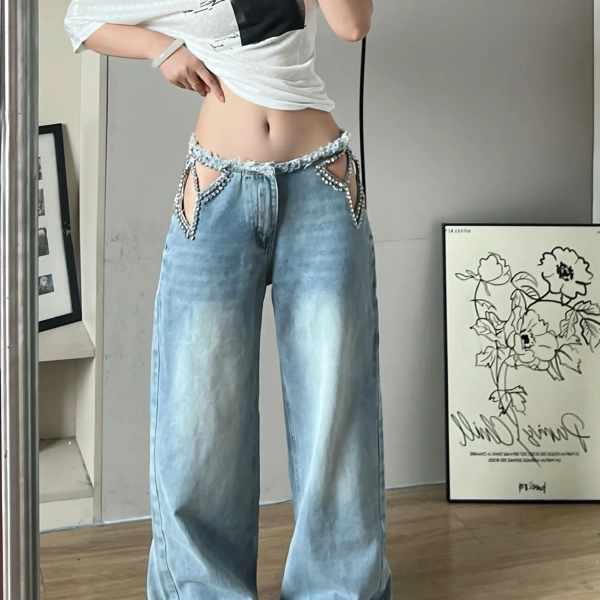 Star Hollow-Out Rhinestone Jeans Loose Wide-Leg Pants