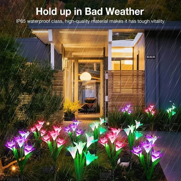 Outdoor Solar Lights, 4 Pack Solar Garden Light With Bigger Lily Flowers, Waterproof 7 Color Changing Solar Lights Outdoor -