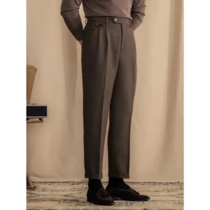 Men’s Wool Blend Herringbone Straight Leg Trousers