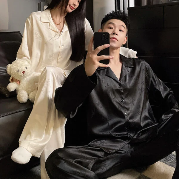Ice Silk Couple Pajama Set Long Sleeve Home Wear