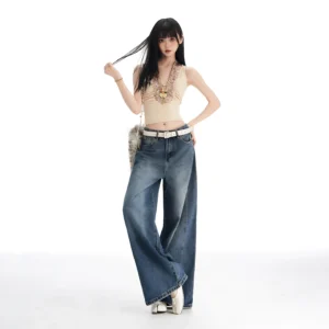 Womens High-Waisted Wide-Leg Denim Pants