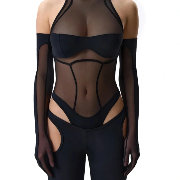 Sleeveless Hollow-Out Mesh Jumpsuit with Flared Pants
