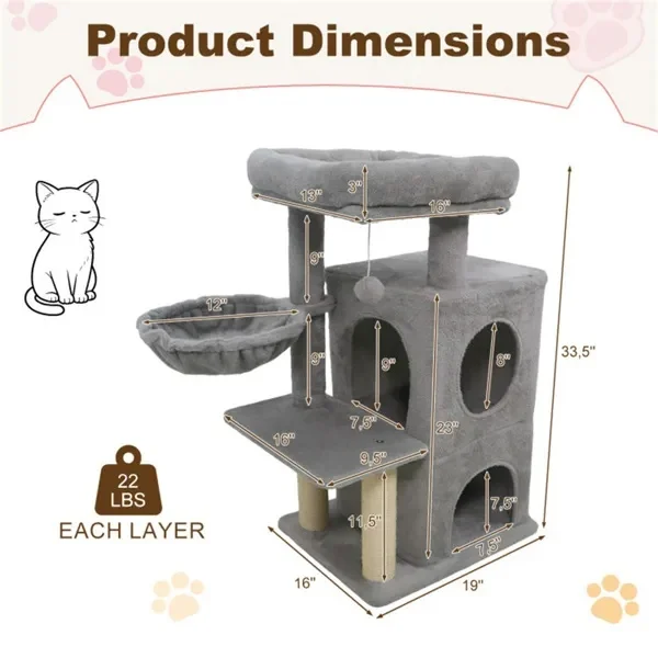 Light Gray 33.5″ Multi-Level Cat Tree With 2-Tier Condo, Sisal Scratching Posts & Anti-Toppling Device For Cats