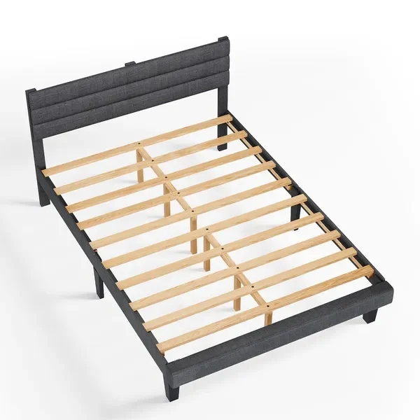 Dark Gray Queen Size Tufted Platform Bed Frame - Linen-Like Upholstery, Horizontal Stripe Headboard