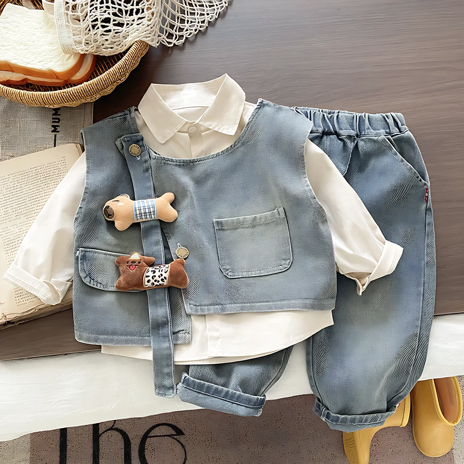 Boys Denim Vest, Shirt and Pants 3-Piece Set