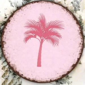 8x8in Vintage Palm Tree Round Sign Hawaiian Pool Bar Decor
