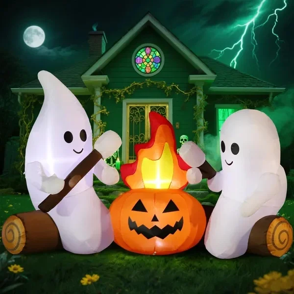 12FT Halloween Inflatables Decoration Giant Ghost With 3-Colored Flame Rotation LED Light Spooky Halloween Decorations