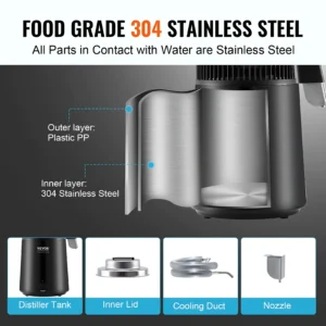 Water Distiller, 4L 1.05 Gallon Pure Water Purifier Filter For Home Countertop, 750W Distilled Water Maker, Stainless Steel Interior Distiller Water Making Machine To Make Clean Water, Black