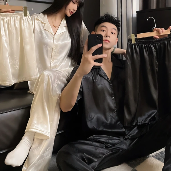 Ice Silk Couple Pajama Set Long Sleeve Home Wear