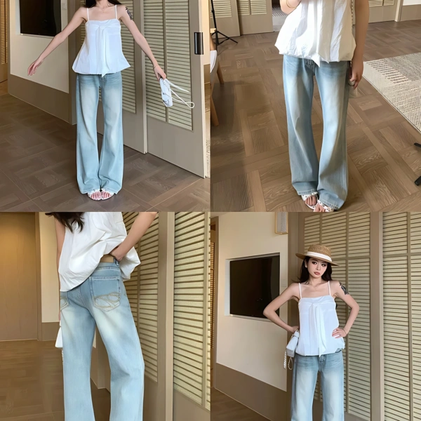 Washed Retro Wide-Leg Denim Pants for Women