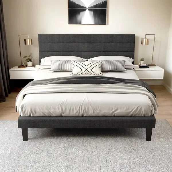 Dark Gray Queen Size Tufted Platform Bed Frame – Linen