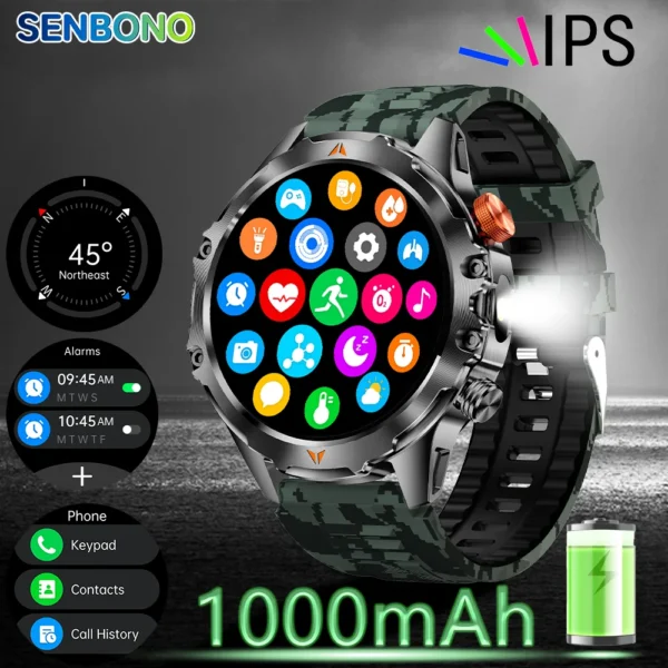 SENBONO V75 Smartwatch with Compass 1000mAh Large Battery Heart Rate Sleep Monitoring IP68 Waterproof Outdoor Smartwatch for Men