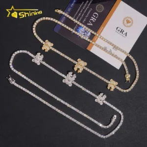 USA Local Stock Fashion Bear Tennis Chain Hip Hop VVS Moissanite Necklace 925 Silver Moissanite Tennis Necklace