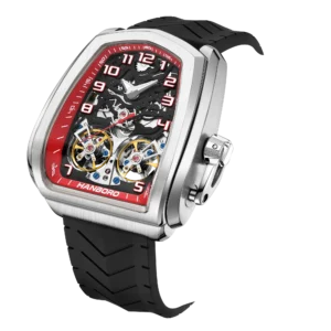 Hanboro Luxury Skeleton High Quality Ribbon Men’s Automatic Mechanical Tonneau Double Flying Wheel Sports Waterproof Watch