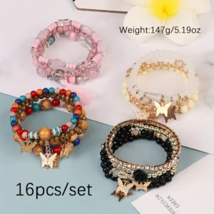 16pcs/set Luxury Couple Jewelry Handmade Bohemian Butterfly Charms Beaded Layered Bracelet Sets Wholesale for Gift