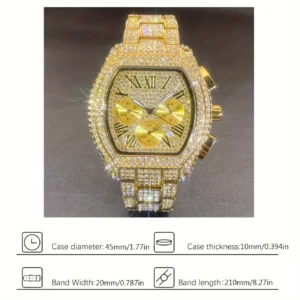 Iced Out Quartz Watch Rhinestone Embellished, Party Style Stopwatch with Non-Waterproof Zinc Alloy Case and Band