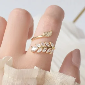 Sparkling Leaf Adjustable Open Ring Women