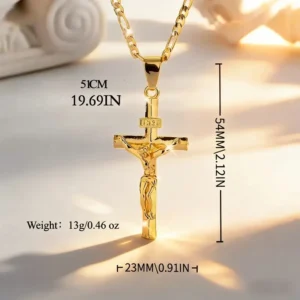 14 Karat Gold-Plated Jesus Cross Pendant Necklace Vintage Style Smooth Charm Gold Jewelry for Men Durable Chain Ideal for Prayer