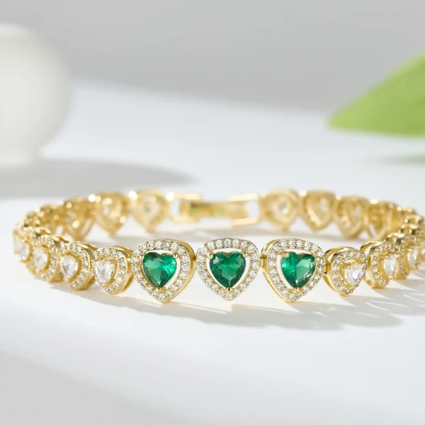 Gold Plated Chain Bracelet Women’s Fashion Bracelet 14K Gold CZ Zirconia Zircon Heart Emerald Women Tennis Bracelet Link